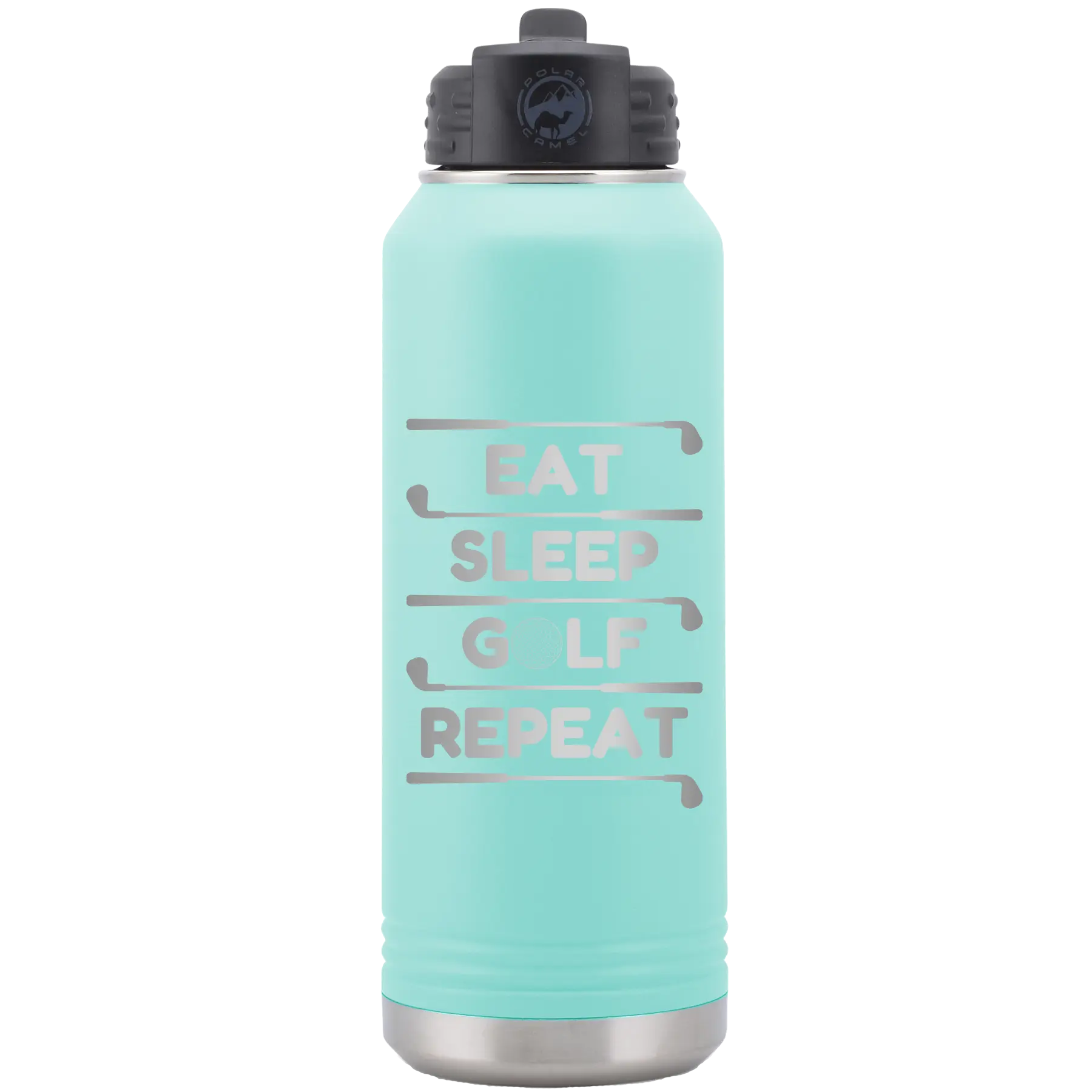 Laser etched teal 32 oz vacuum insulated water bottle with 'Eat Sleep Golf Repeat' design