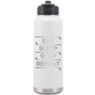 Laser etched white 32 oz vacuum insulated water bottle with 'Eat Sleep Golf Repeat' design