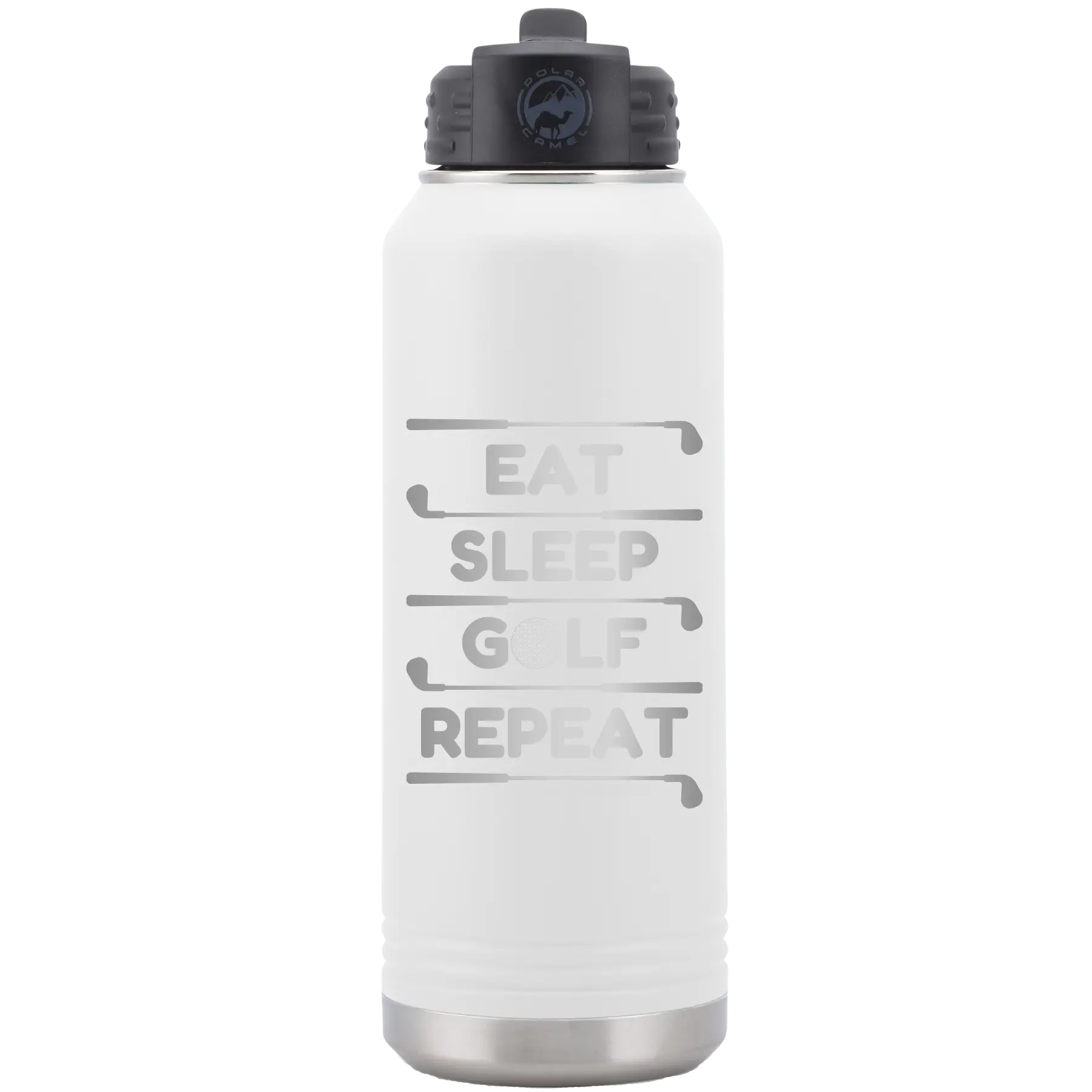 Laser etched white 32 oz vacuum insulated water bottle with 'Eat Sleep Golf Repeat' design