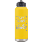 Laser etched yellow 32 oz vacuum insulated water bottle with 'Eat Sleep Golf Repeat' design