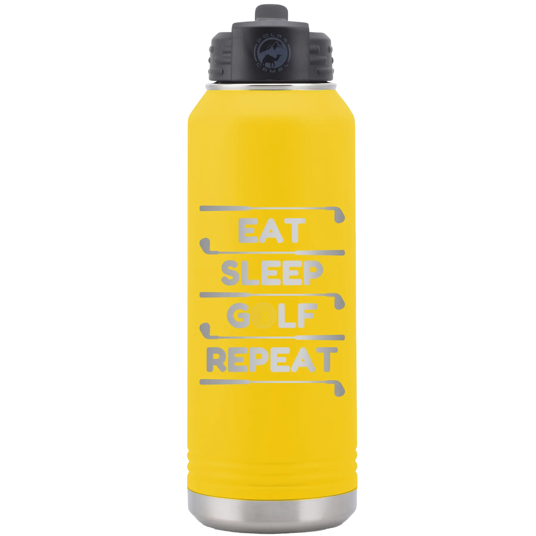Laser etched yellow 32 oz vacuum insulated water bottle with 'Eat Sleep Golf Repeat' design