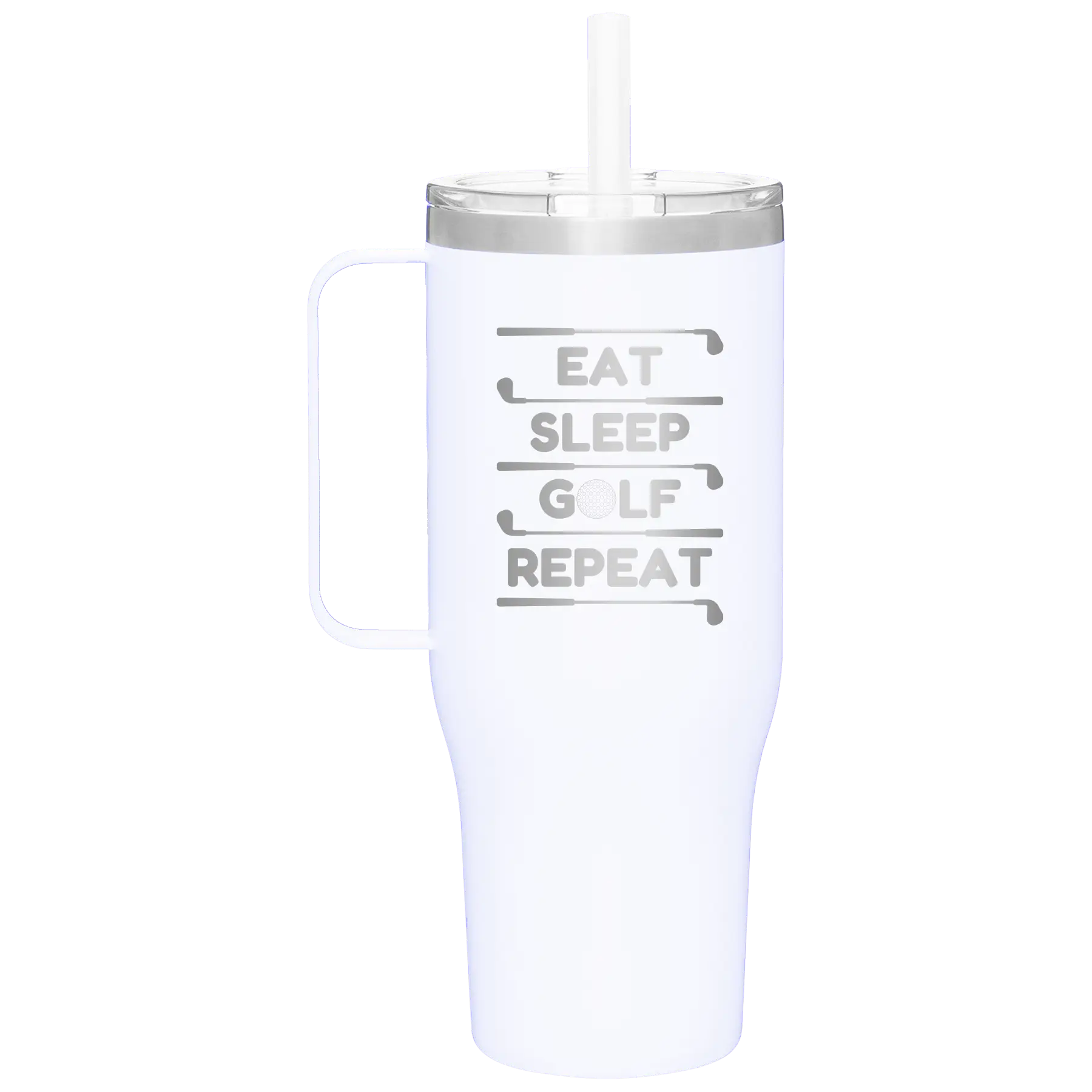 Personalized white 40 oz vacuum insulated tumbler mug with 'Eat Sleep Golf Repeat' design