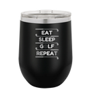 Personalized black 12 oz vacuum insulated wine cup with etched 'Eat Sleep Golf Repeat' design
