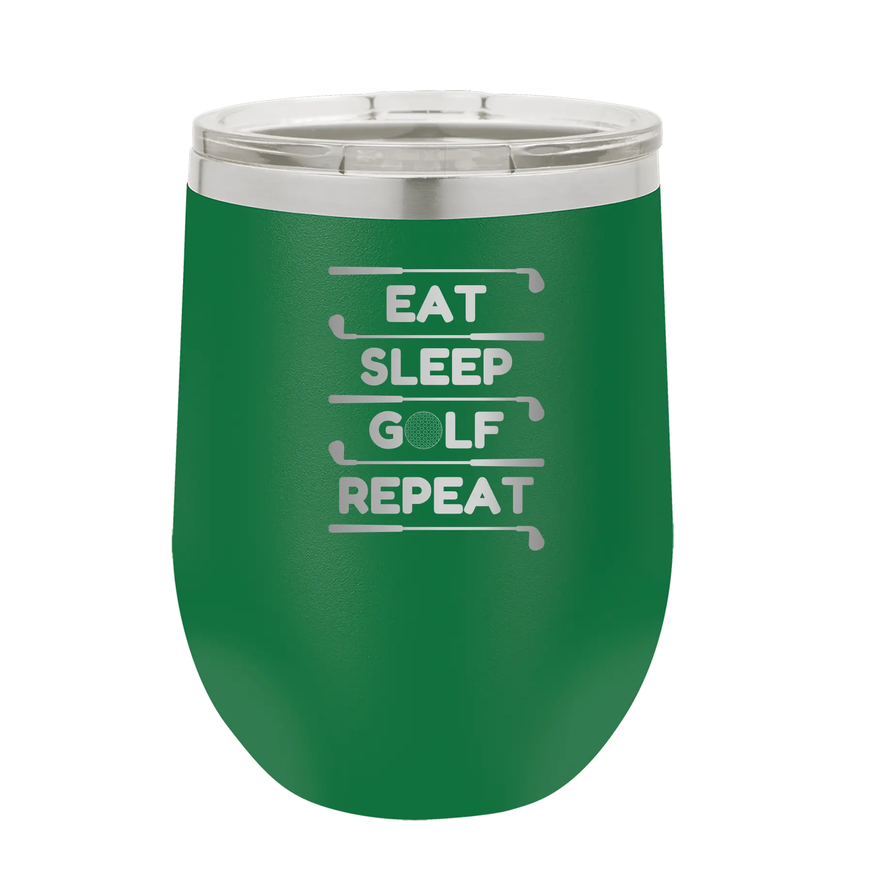 Personalized green 12 oz vacuum insulated wine cup with etched 'Eat Sleep Golf Repeat' design