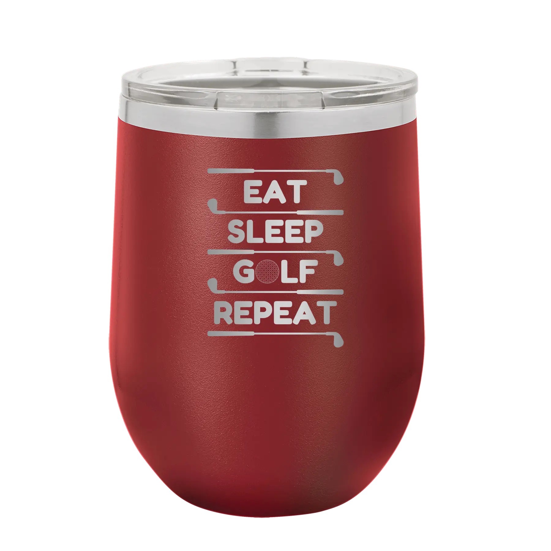 Personalized maroon 12 oz vacuum insulated wine cup with etched 'Eat Sleep Golf Repeat' design