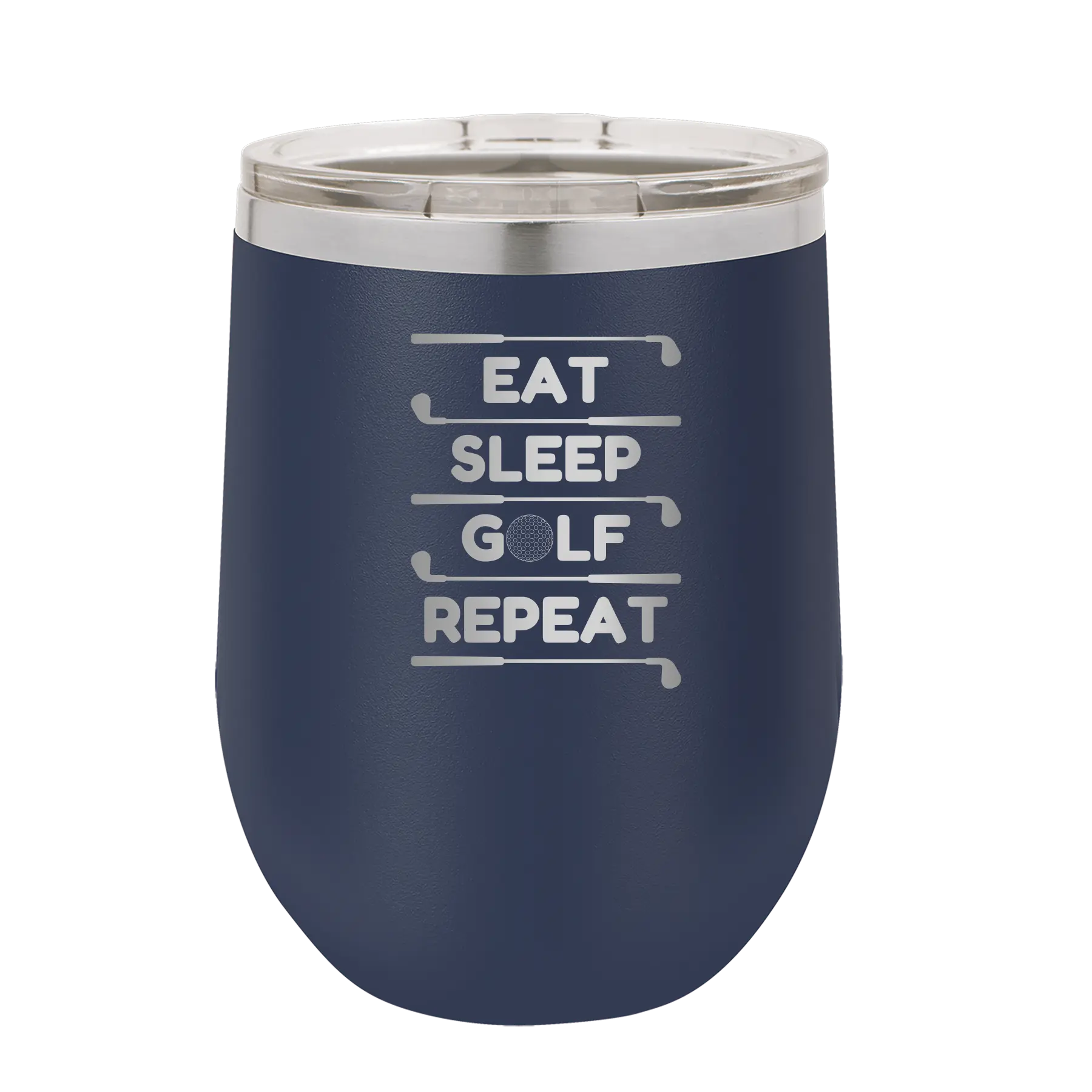 Personalized navy 12 oz vacuum insulated wine cup with etched 'Eat Sleep Golf Repeat' design
