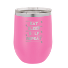 Personalized pink 12 oz vacuum insulated wine cup with etched 'Eat Sleep Golf Repeat' design
