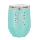 Personalized teal 12 oz vacuum insulated wine cup with etched 'Eat Sleep Golf Repeat' design