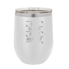 Personalized white 12 oz vacuum insulated wine cup with etched 'Eat Sleep Golf Repeat' design