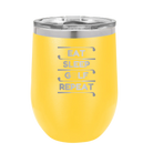 Personalized yellow 12 oz vacuum insulated wine cup with etched 'Eat Sleep Golf Repeat' design