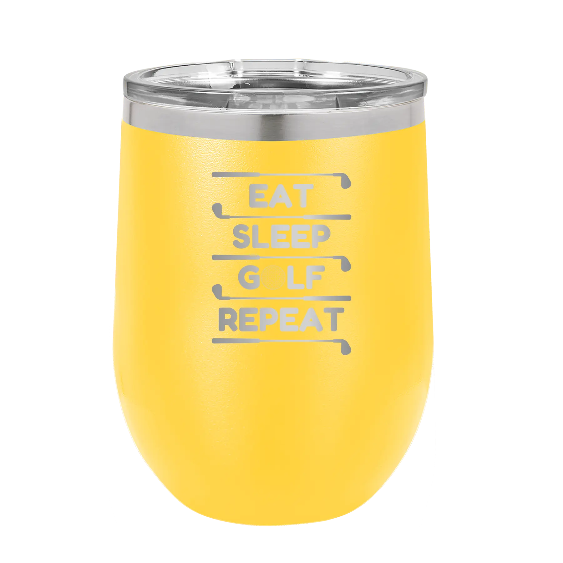 Personalized yellow 12 oz vacuum insulated wine cup with etched 'Eat Sleep Golf Repeat' design