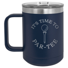 Personalized navy 15 oz vacuum insulated coffee mug with etched 'Its time to Partee' design