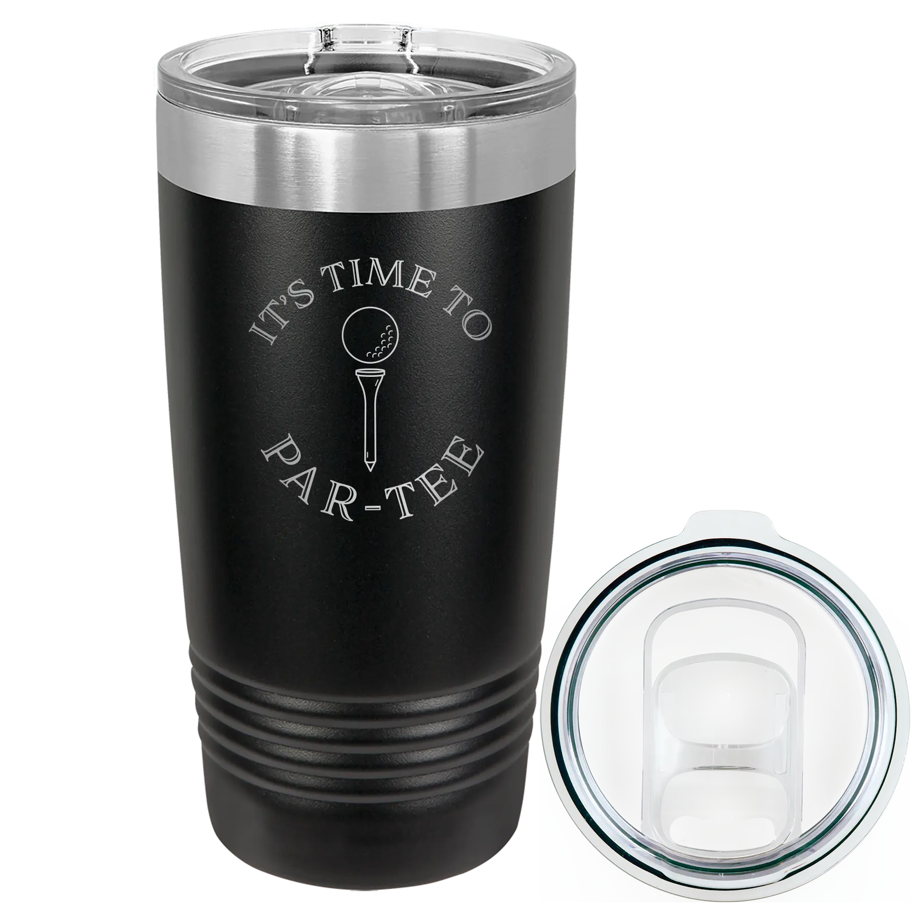 Laser etched black 20 oz vacuum insulated tumbler with 'Its time to Partee' design