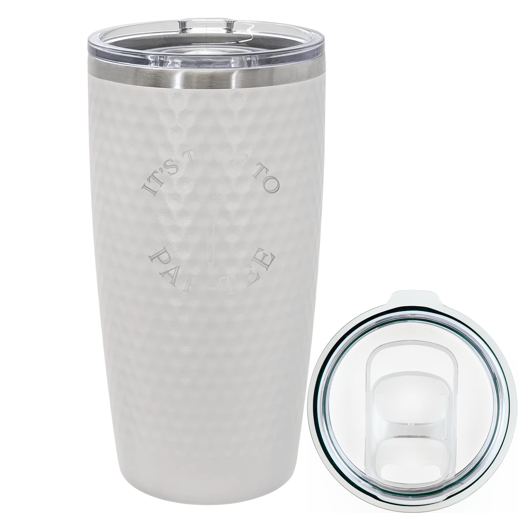 Laser etched white 20 oz golf dimples tumbler with 'Its time to Partee' design