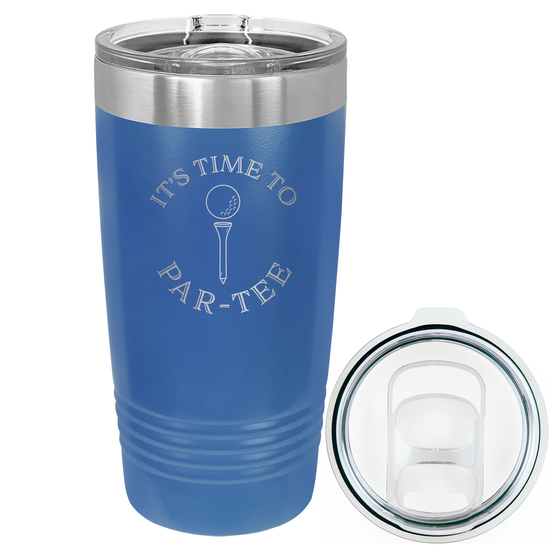 Laser etched royal blue 20 oz vacuum insulated tumbler with 'Its time to Partee' design