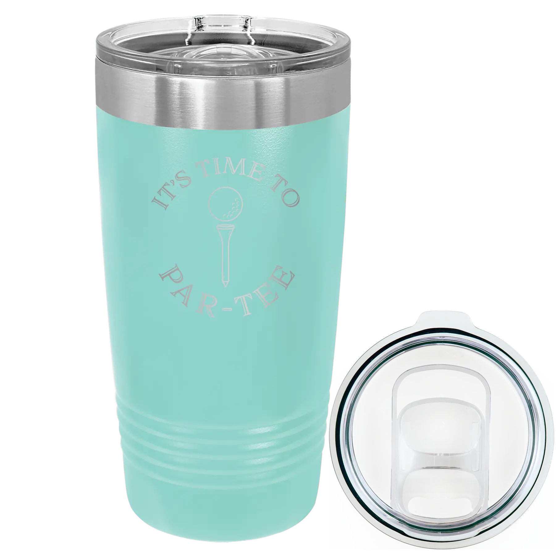 Laser etched teal 20 oz vacuum insulated tumbler with 'Its time to Partee' design
