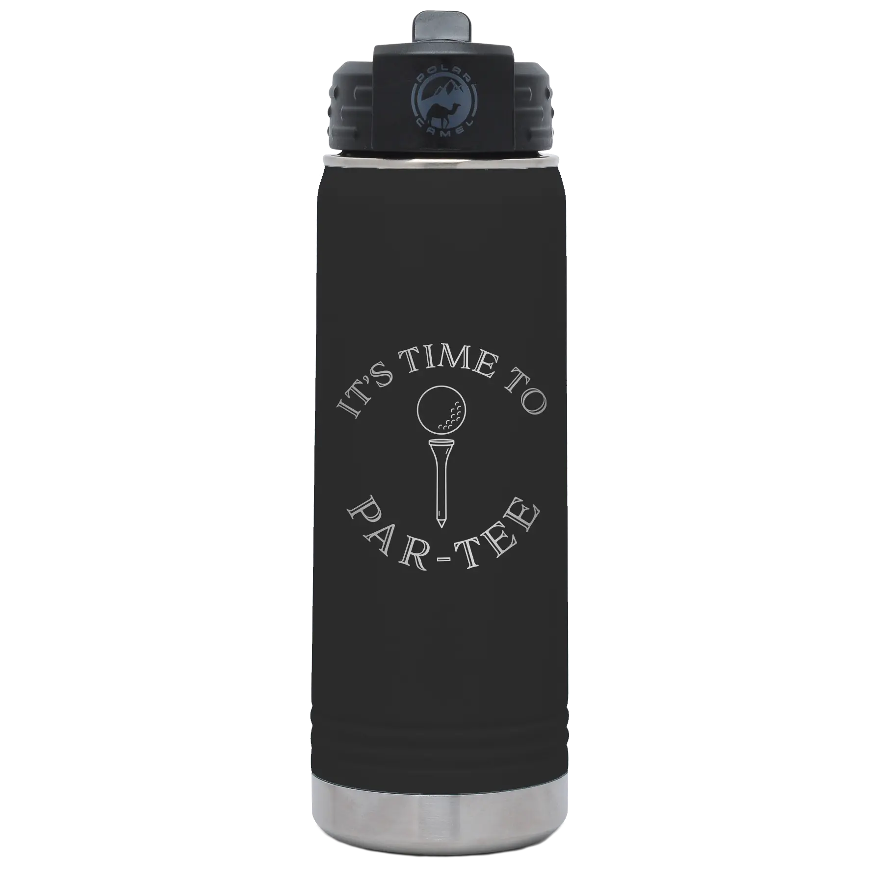 Laser etched black 20 oz vacuum insulated water bottle with 'Its time to Partee' design
