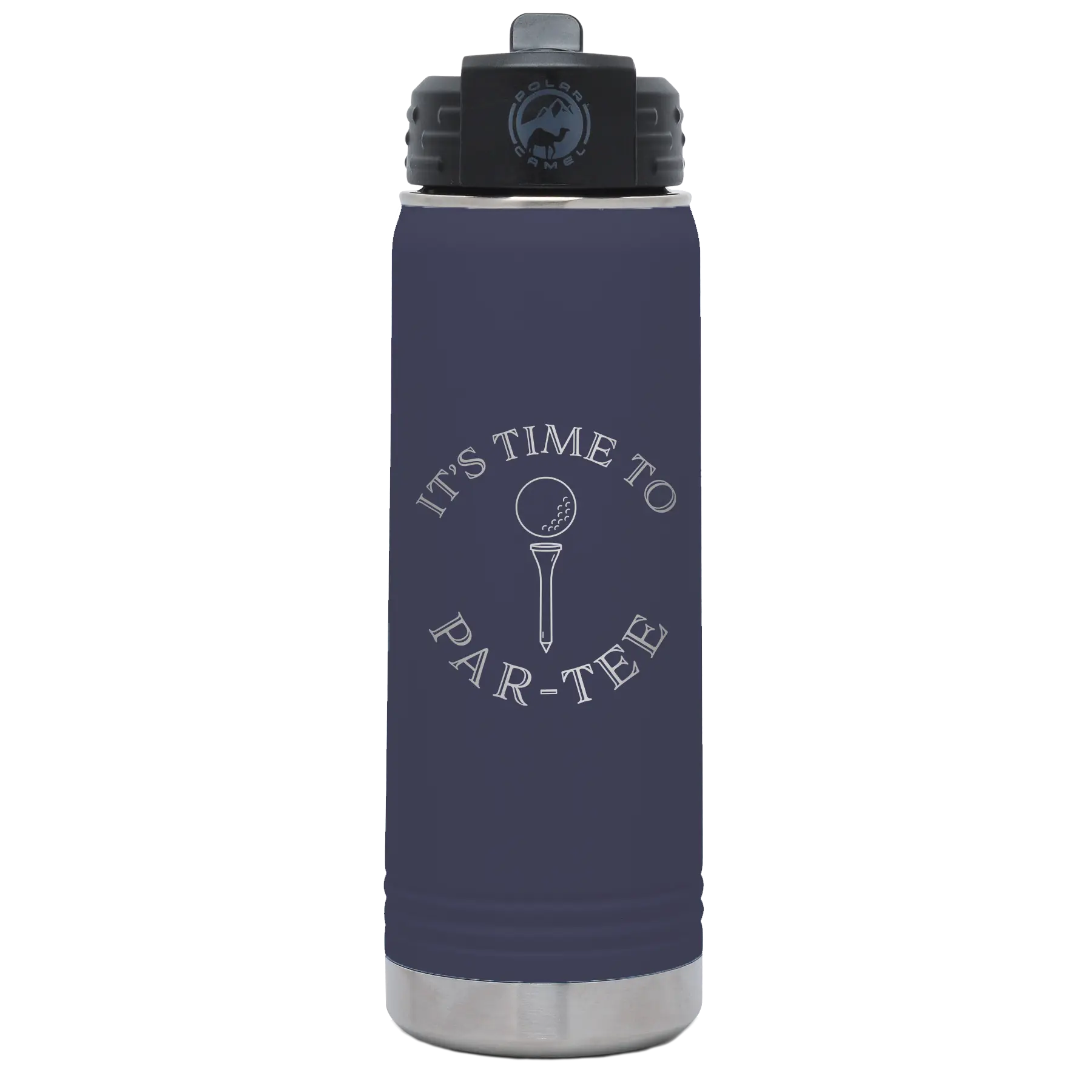Laser etched navy 20 oz vacuum insulated water bottle with 'Its time to Partee' design