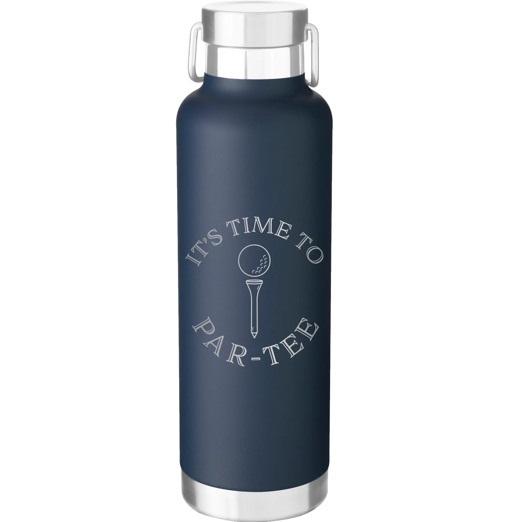 Laser etched navy 24 oz vacuum insulated water bottle with 'Its time to Partee' design