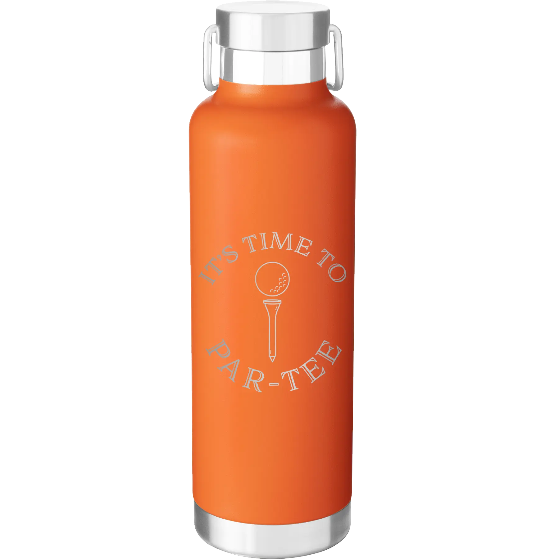 Laser etched orange 24 oz vacuum insulated water bottle with 'Its time to Partee' design