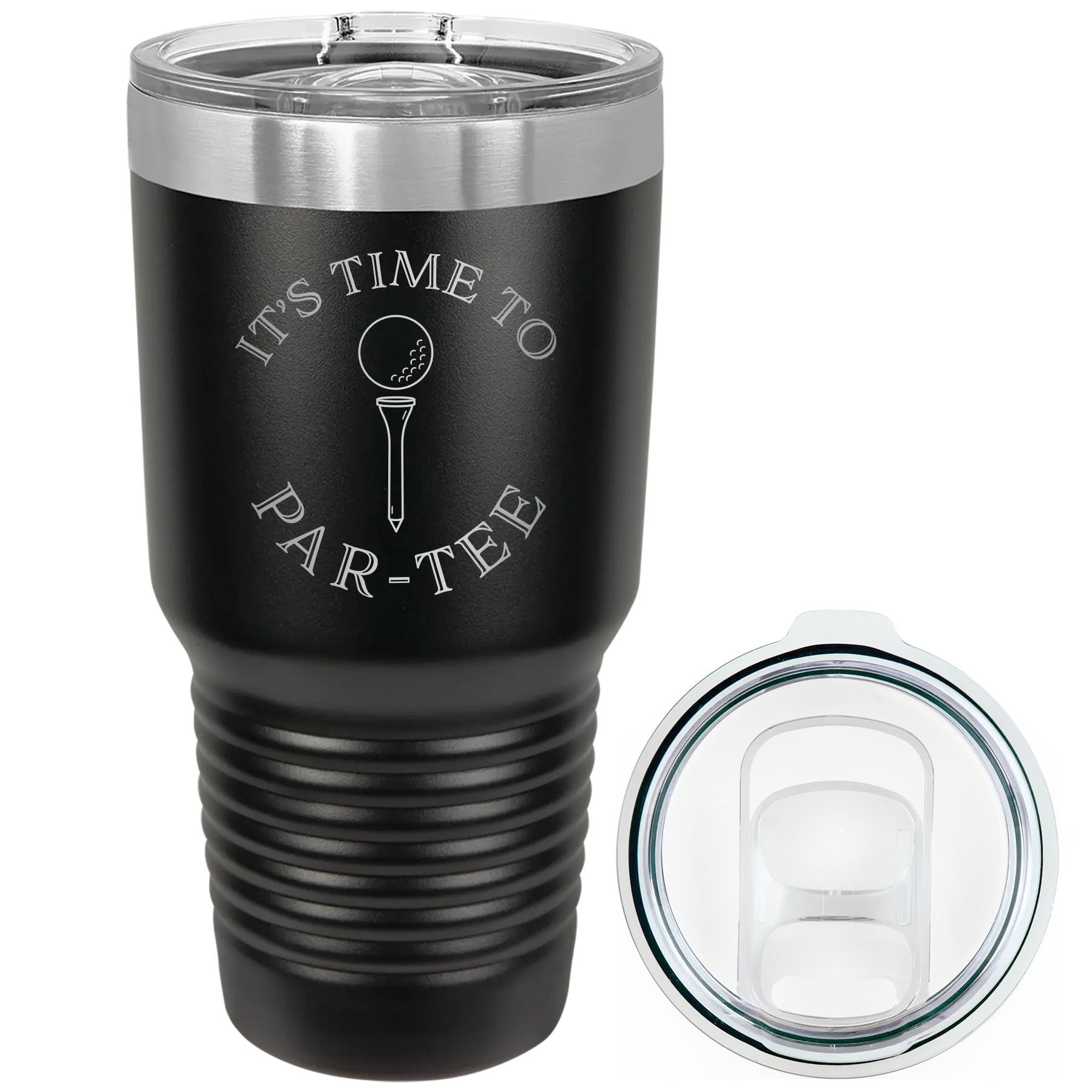 Laser etched black 30 oz vacuum insulated tumbler with 'Its time to Partee' design