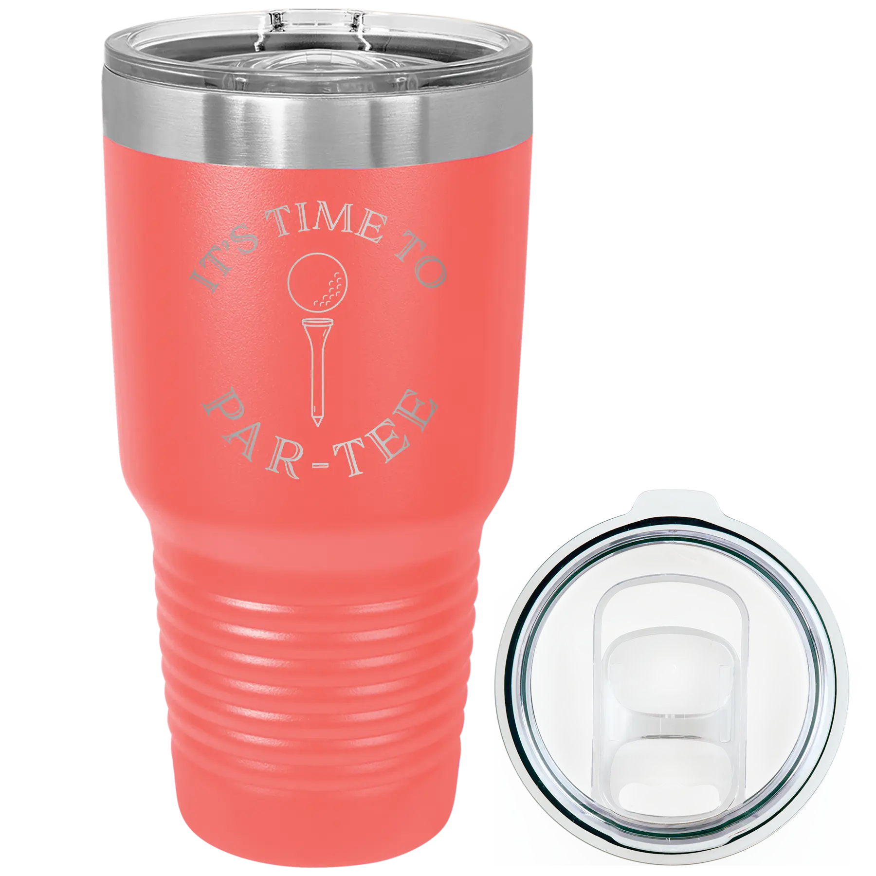 Laser etched coral 30 oz vacuum insulated tumbler with 'Its time to Partee' design