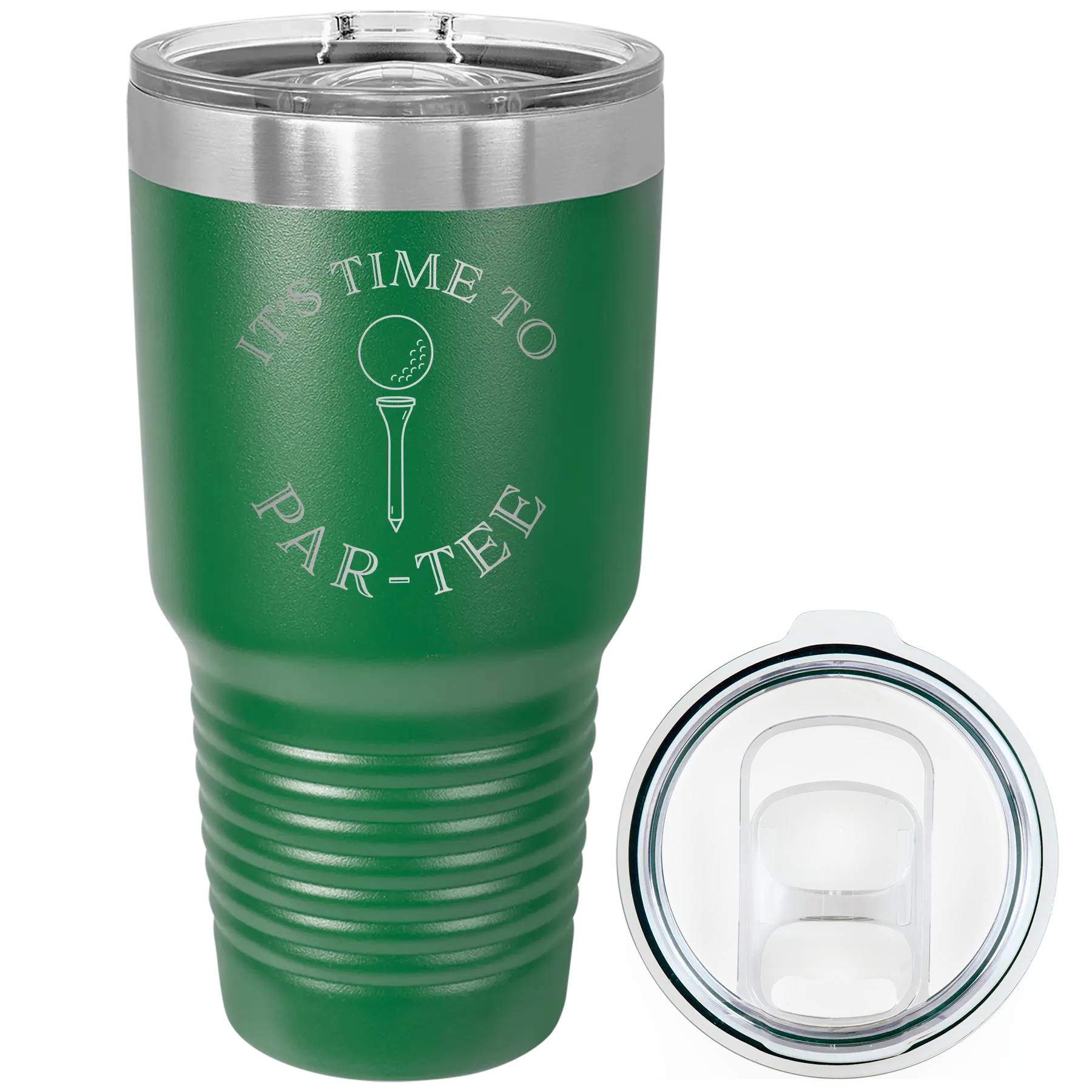 Laser etched green 30 oz vacuum insulated tumbler with 'Its time to Partee' design