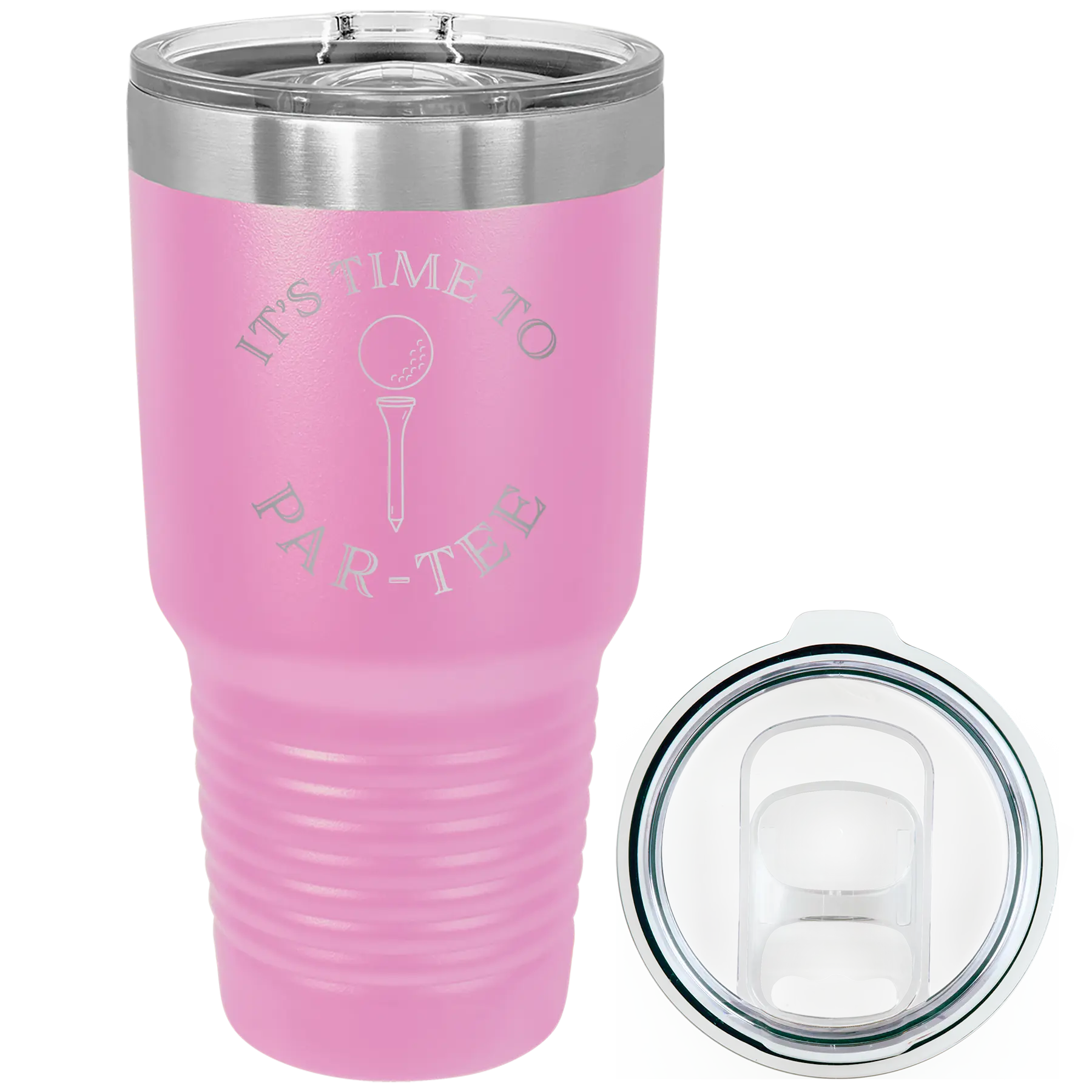 Laser etched light purple 30 oz vacuum insulated tumbler with 'Its time to Partee' design
