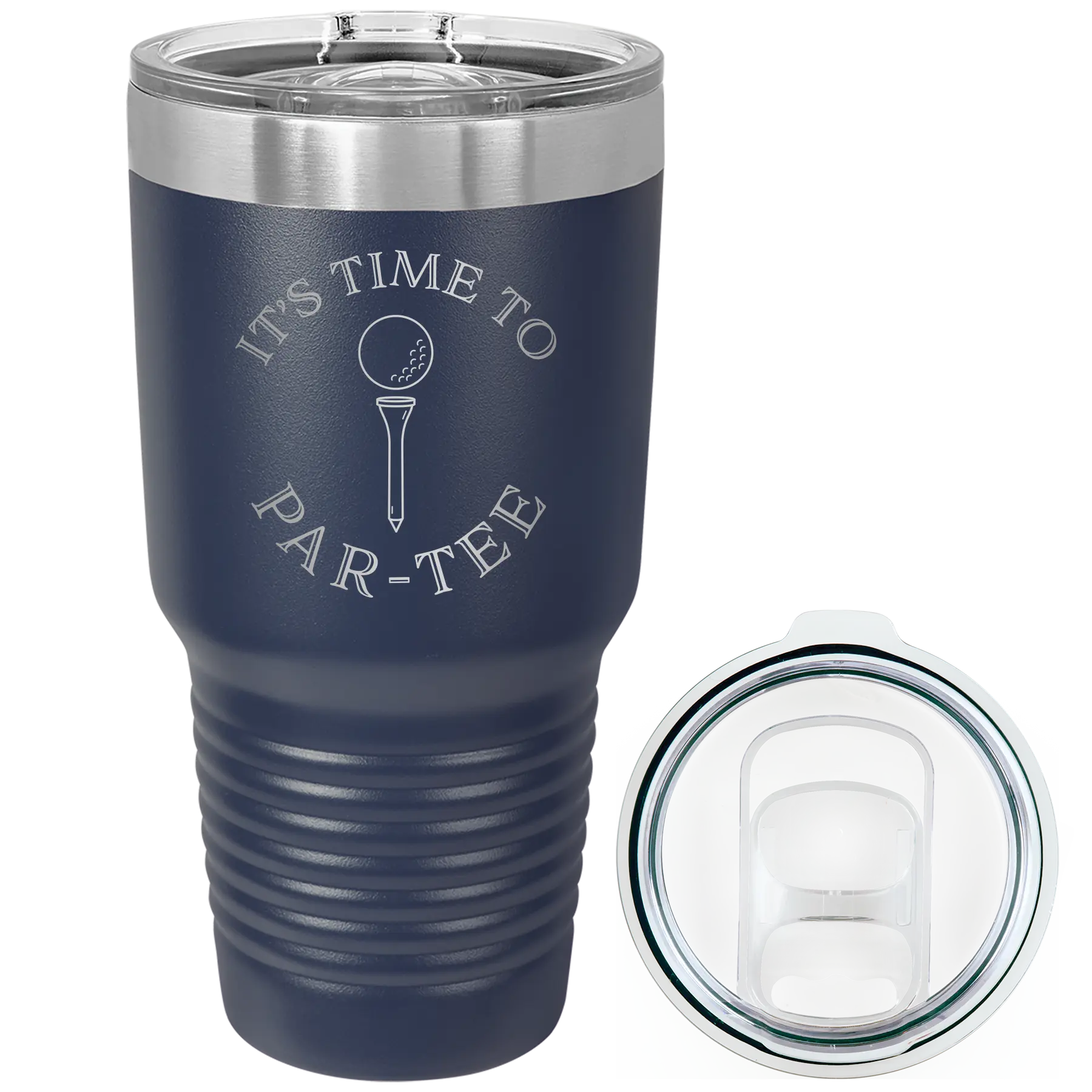 Laser etched navy 30 oz vacuum insulated tumbler with 'Its time to Partee' design