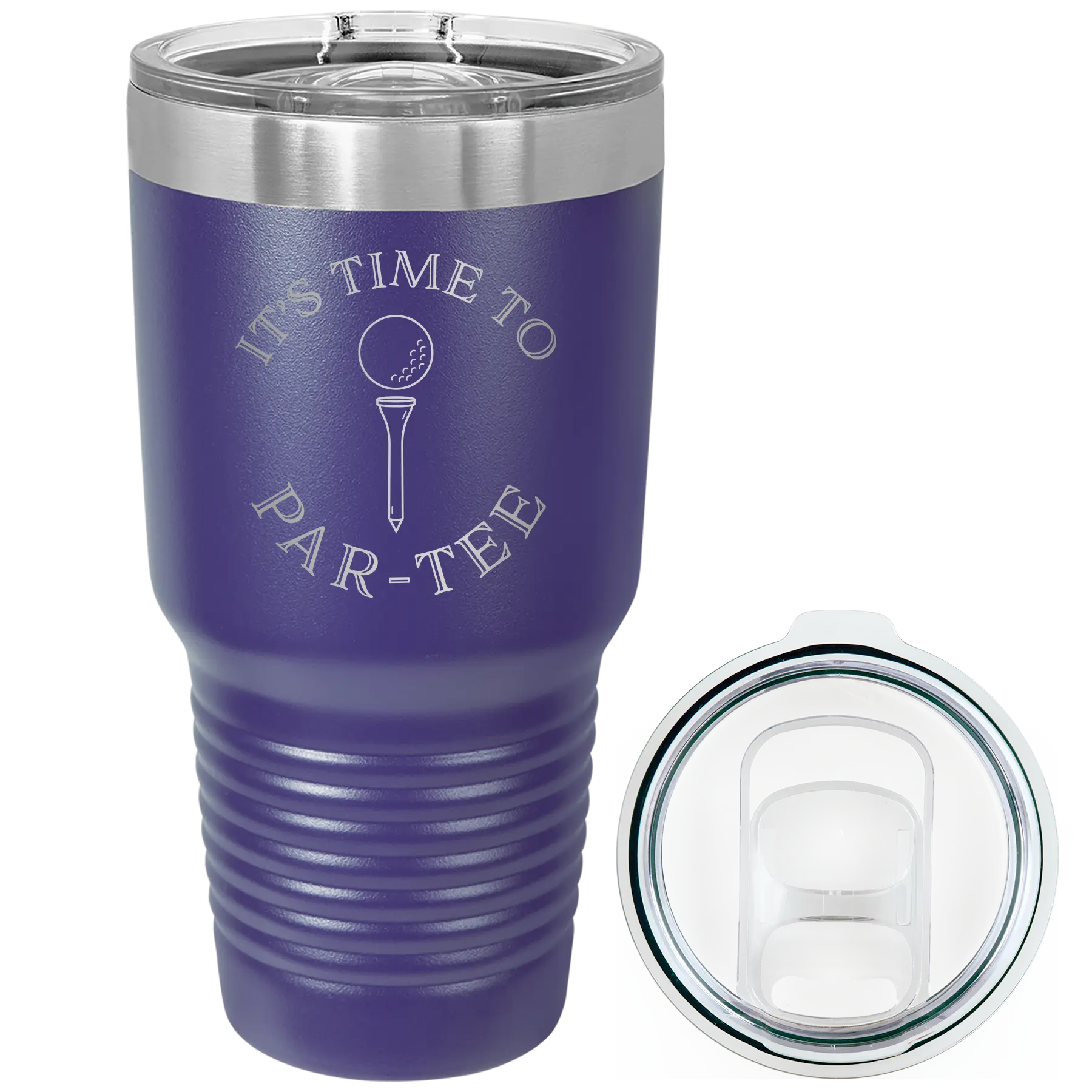 Laser etched purple 30 oz vacuum insulated tumbler with 'Its time to Partee' design