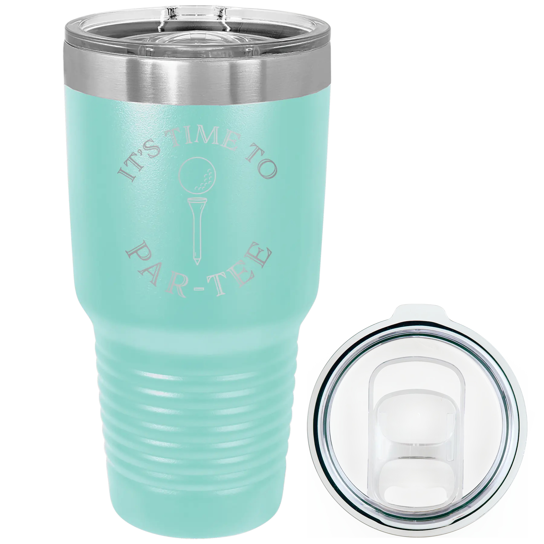 Laser etched teal 30 oz vacuum insulated tumbler with 'Its time to Partee' design