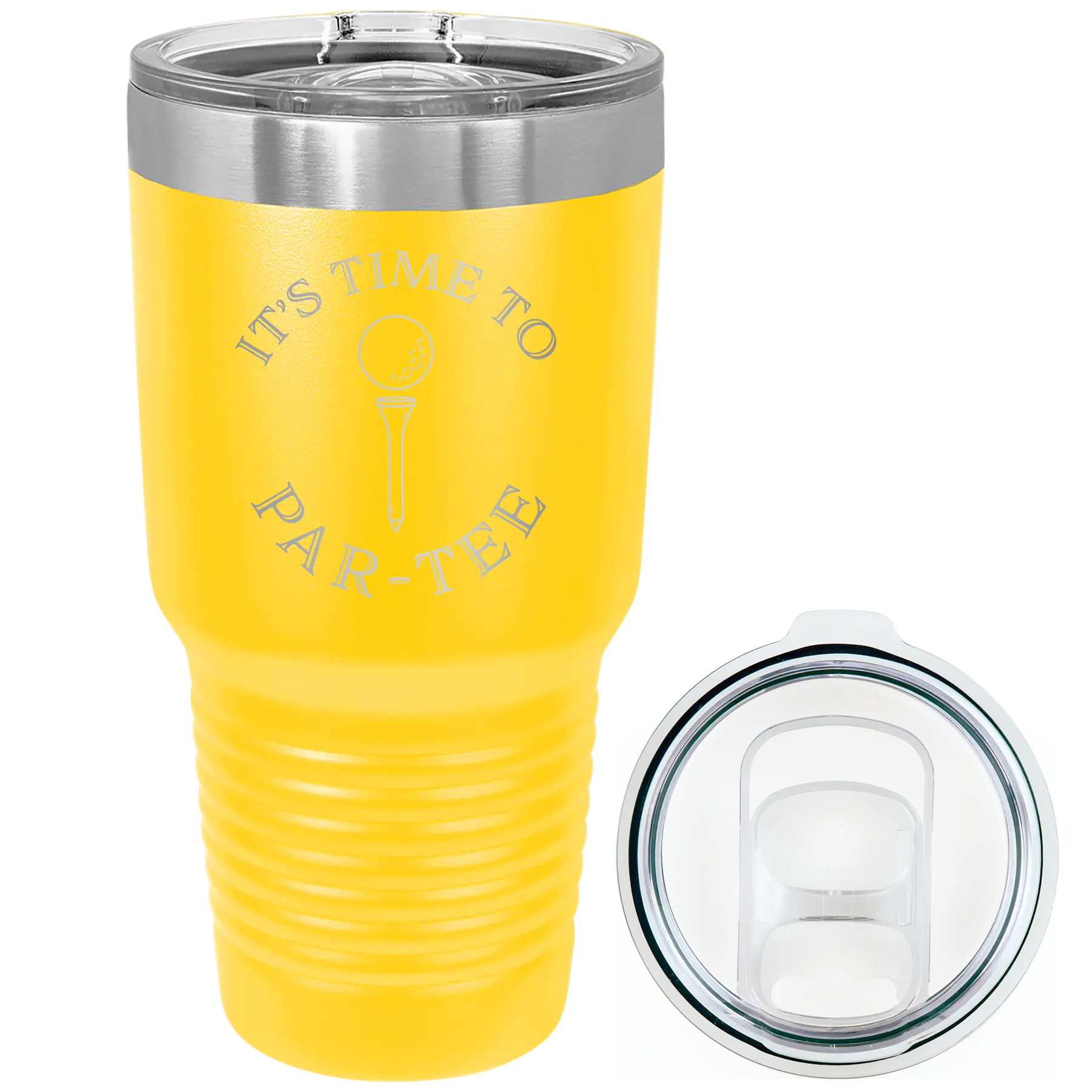 Laser etched yellow 30 oz vacuum insulated tumbler with 'Its time to Partee' design
