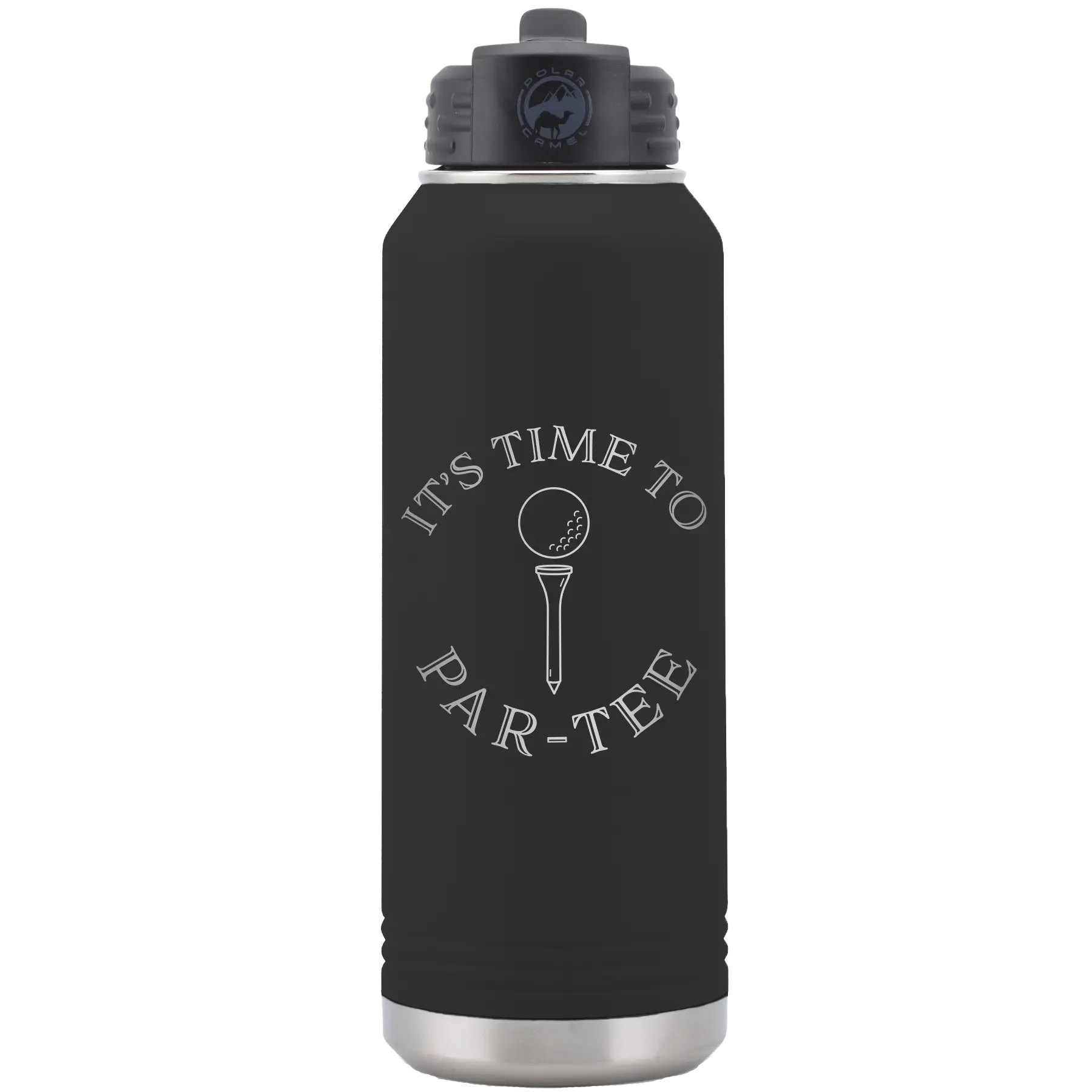 Laser etched black 32 oz vacuum insulated water bottle with 'Its time to Partee' design