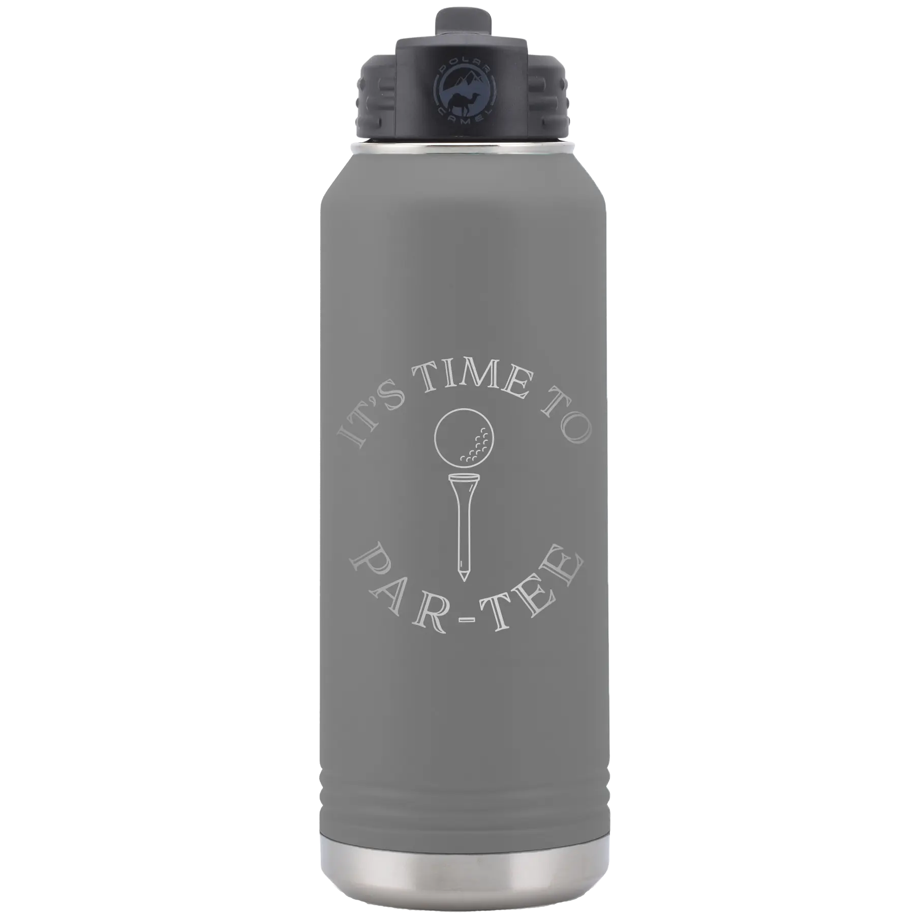 Laser etched dark gray 32 oz vacuum insulated water bottle with 'Its time to Partee' design