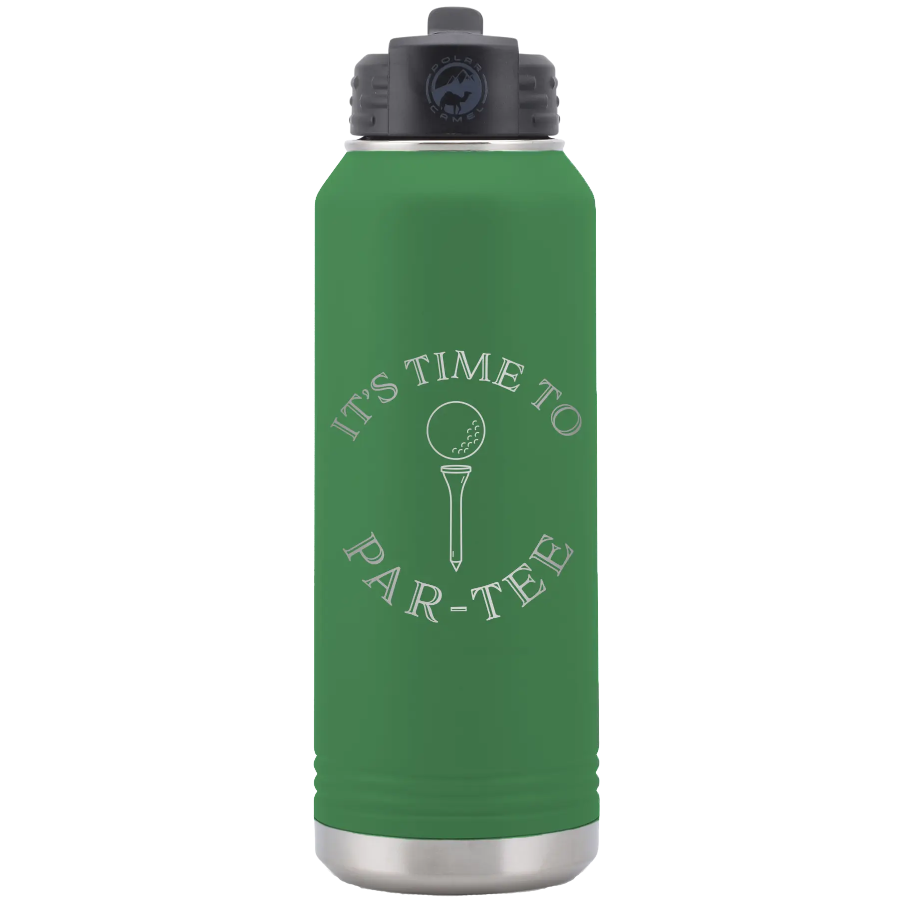 Laser etched green 32 oz vacuum insulated water bottle with 'Its time to Partee' design