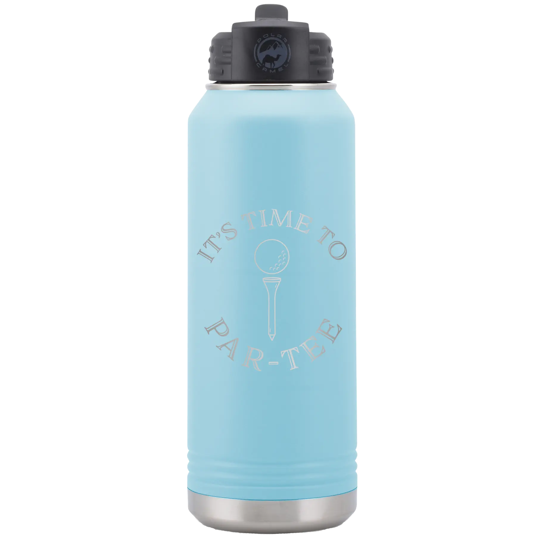 Laser etched light blue 32 oz vacuum insulated water bottle with 'Its time to Partee' design