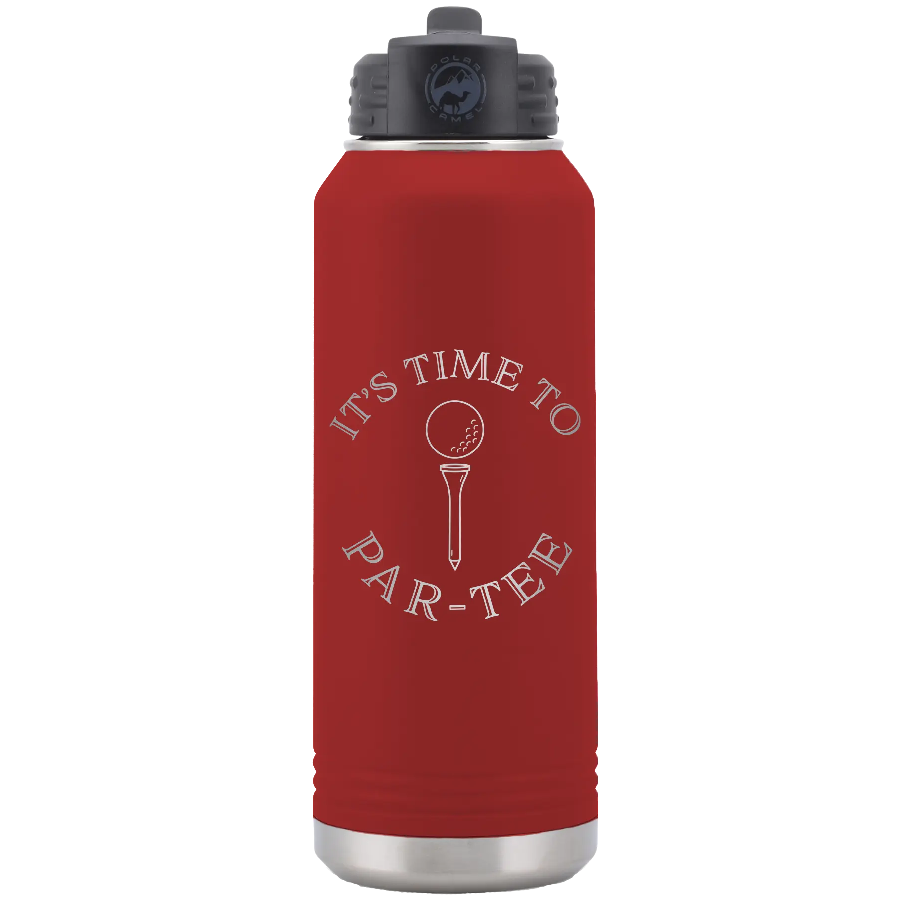 Laser etched maroon 32 oz vacuum insulated water bottle with 'Its time to Partee' design