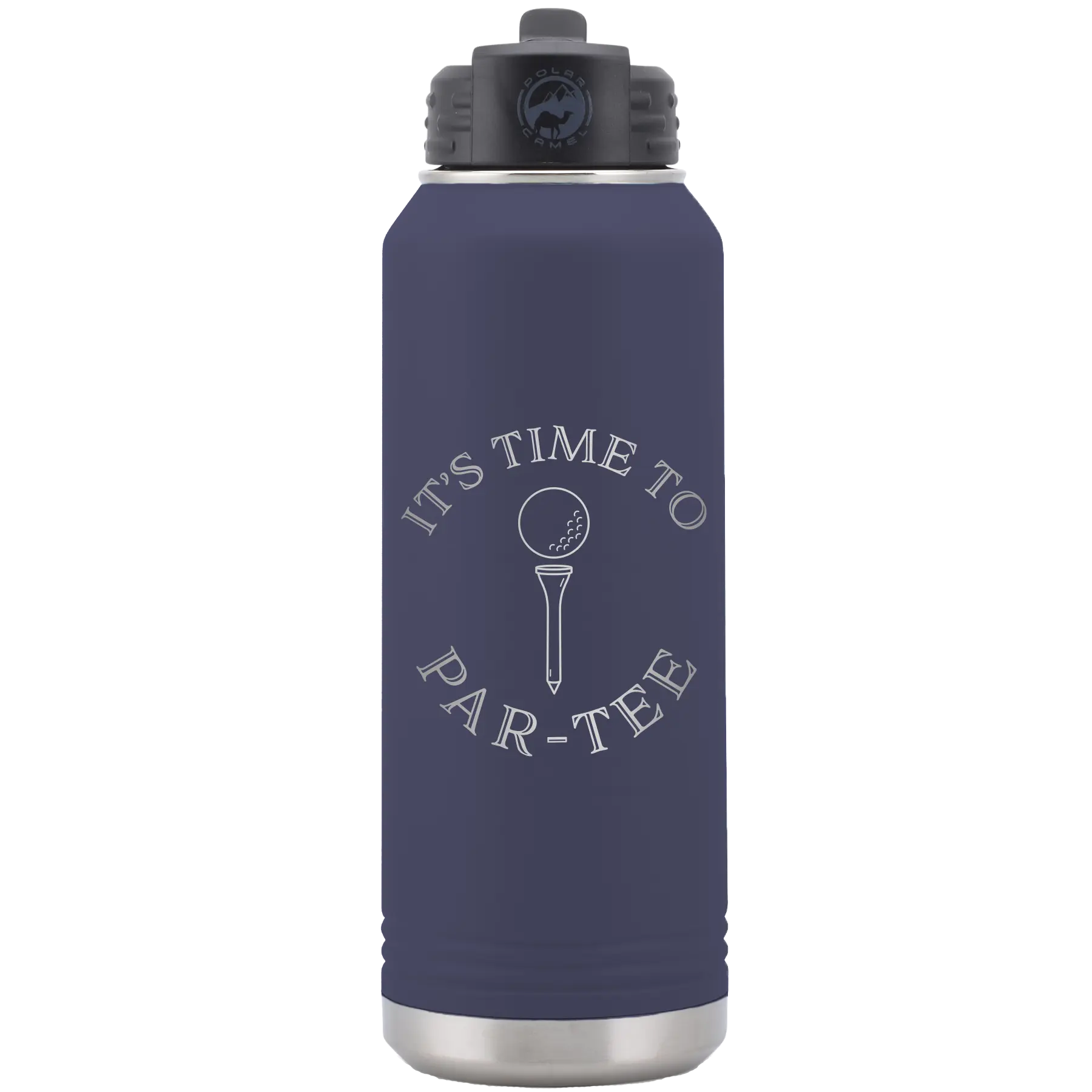 Laser etched navy 32 oz vacuum insulated water bottle with 'Its time to Partee' design