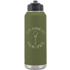 Laser etched olive green 32 oz vacuum insulated water bottle with 'Its time to Partee' design