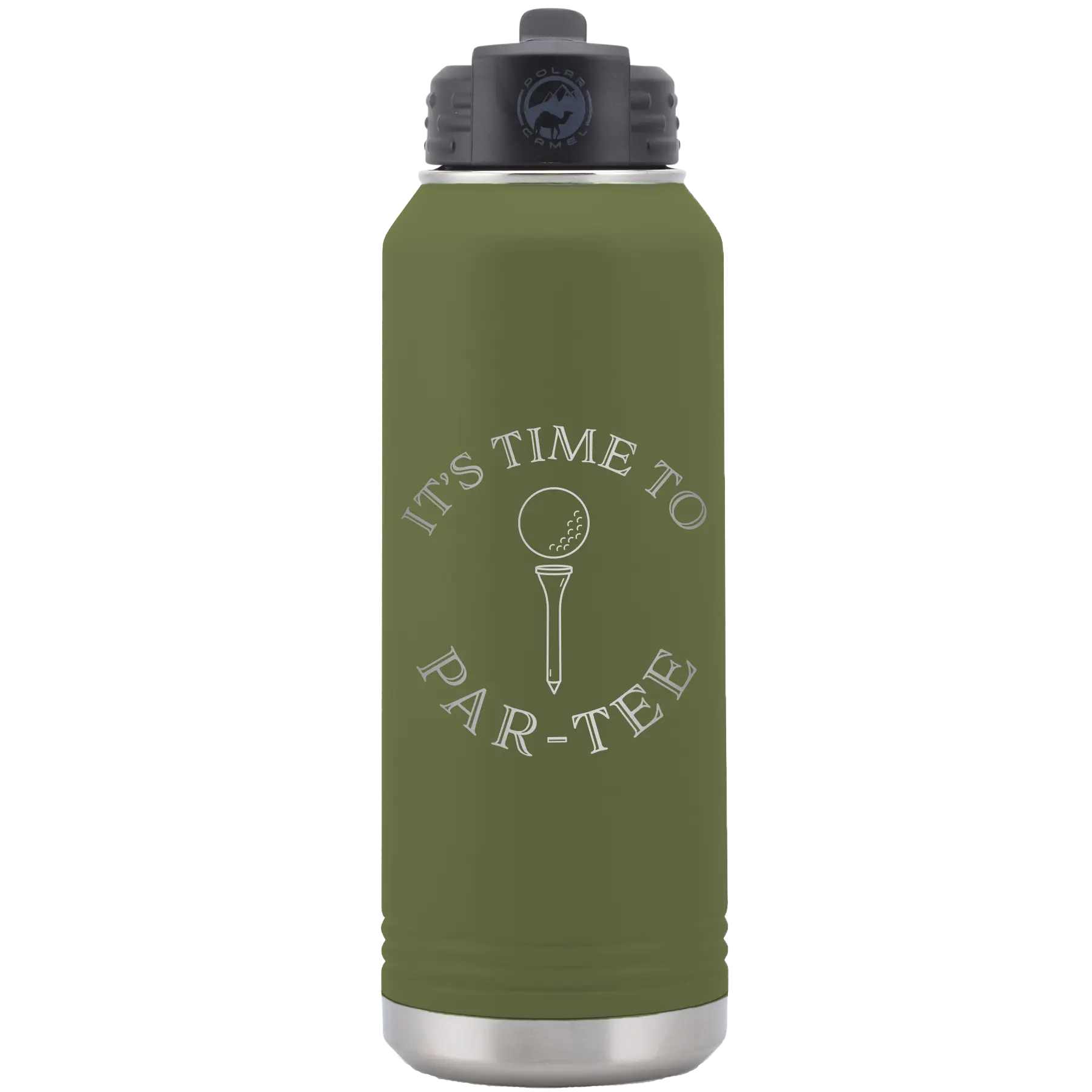 Laser etched olive green 32 oz vacuum insulated water bottle with 'Its time to Partee' design