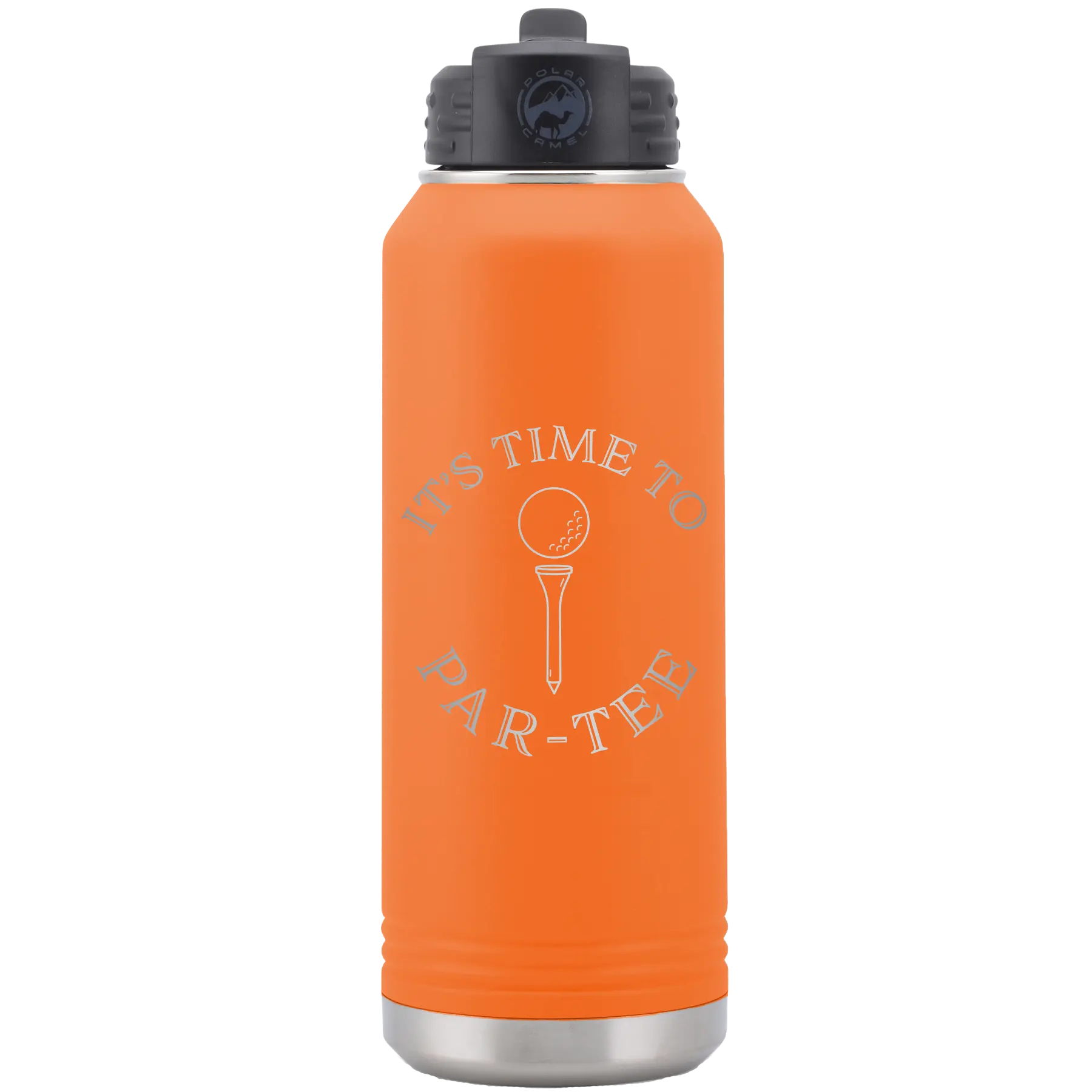 Laser etched orange 32 oz vacuum insulated water bottle with 'Its time to Partee' design