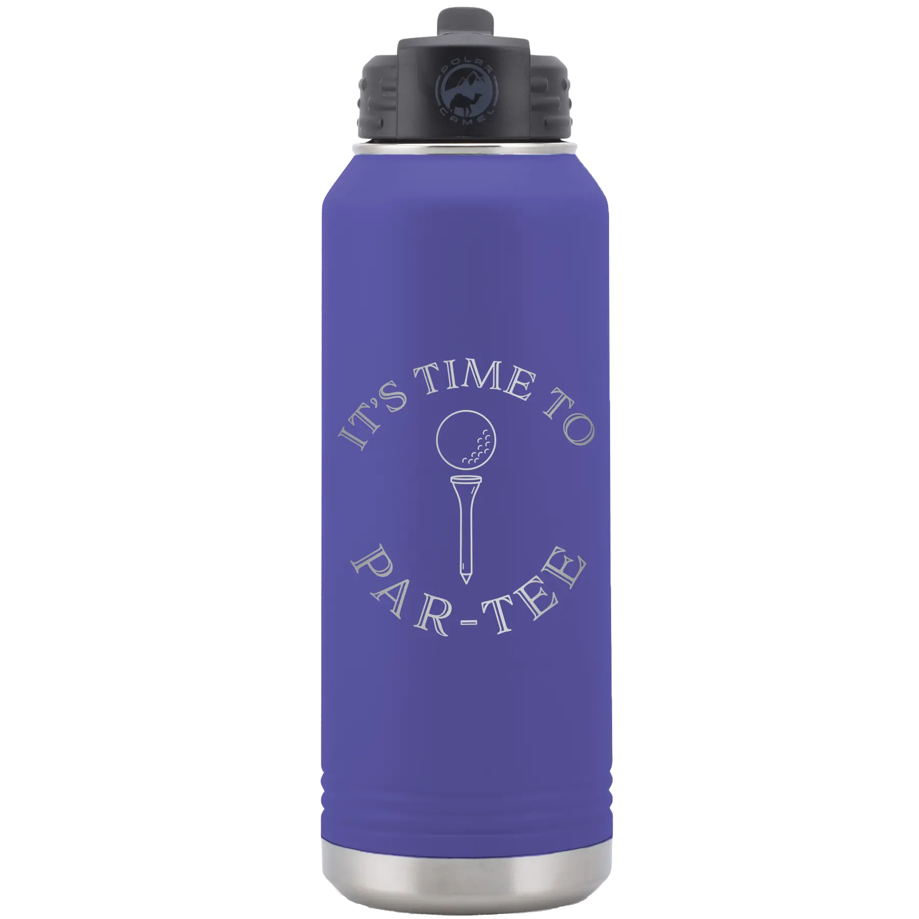 Laser etched purple 32 oz vacuum insulated water bottle with 'Its time to Partee' design