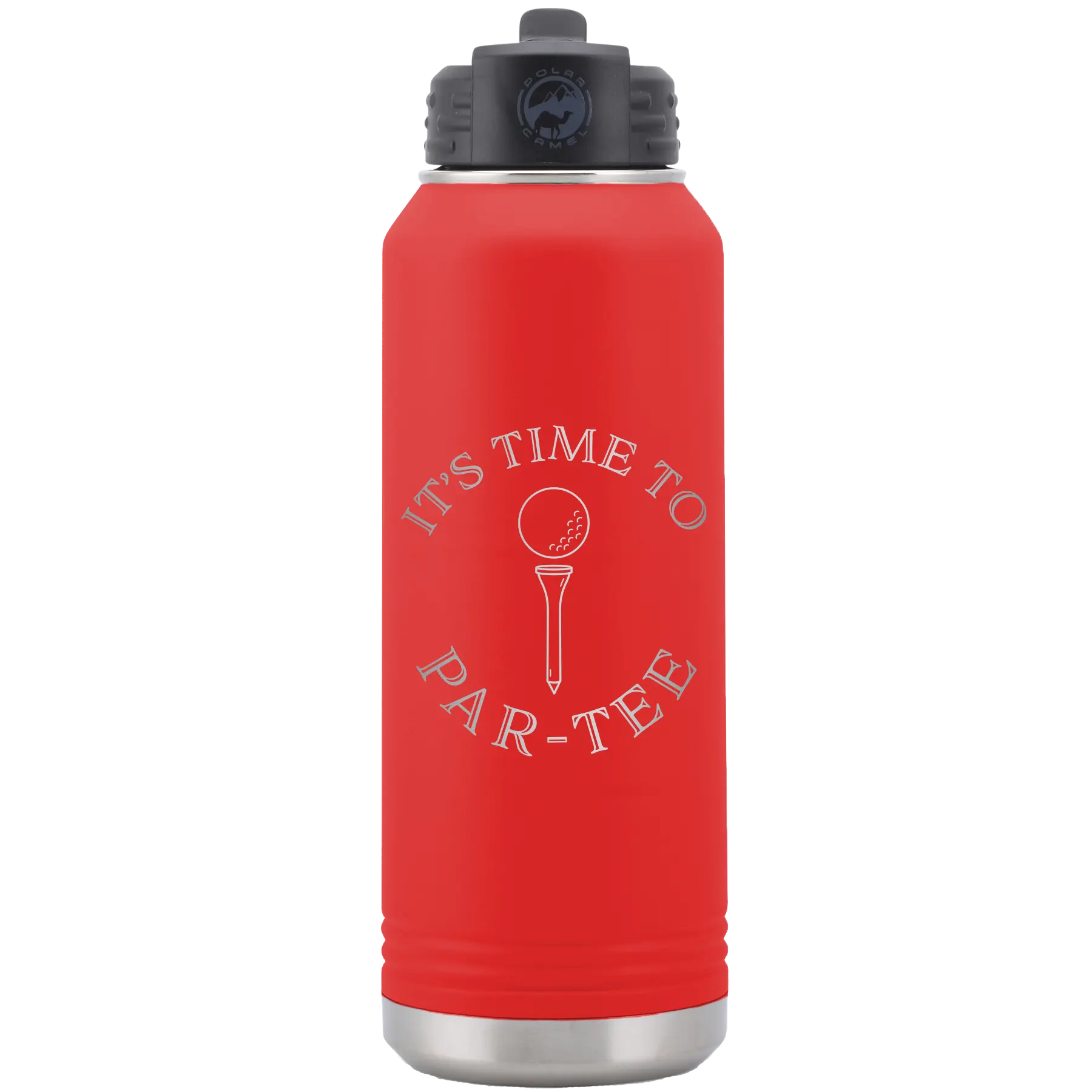 Laser etched red 32 oz vacuum insulated water bottle with 'Its time to Partee' design