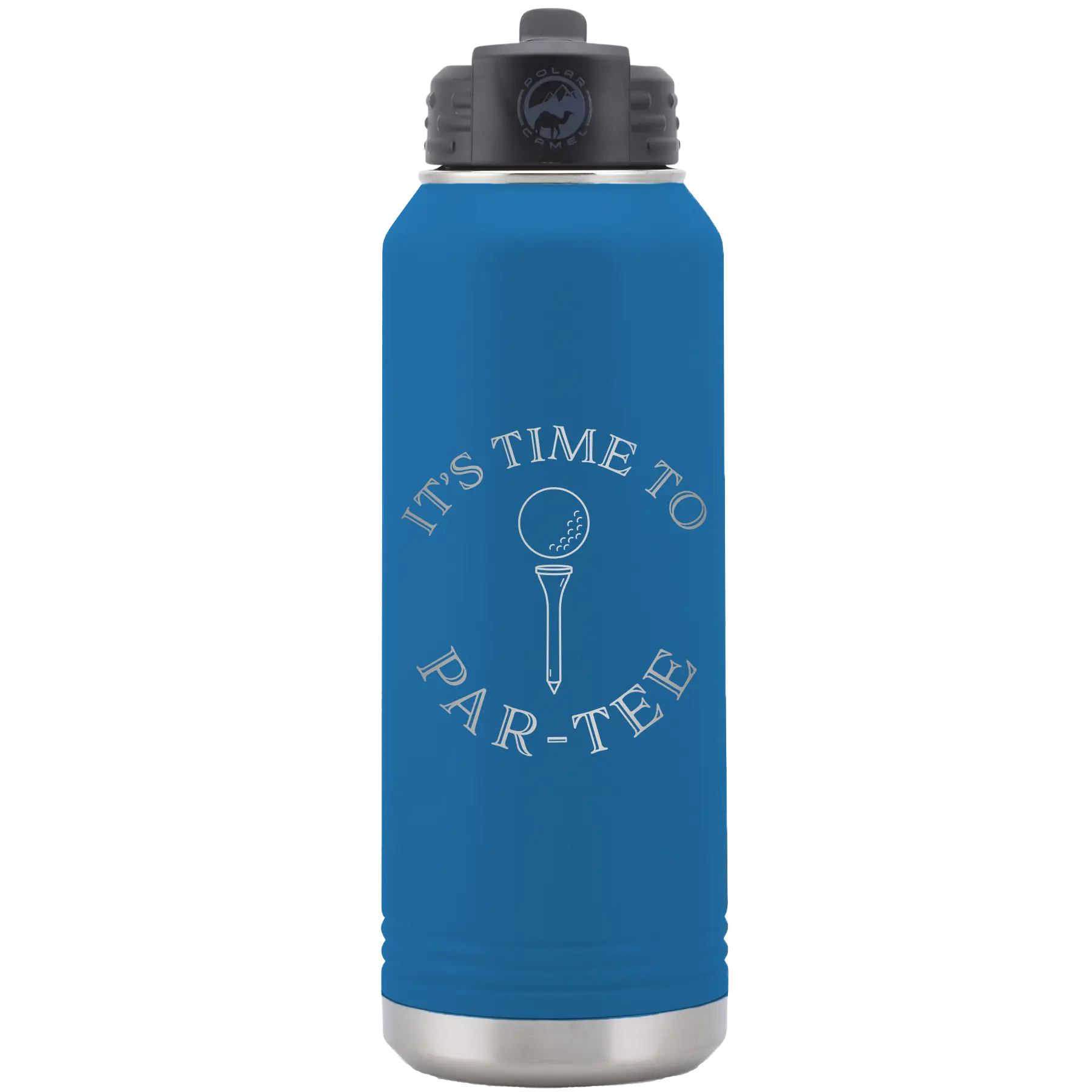 Laser etched royal blue 32 oz vacuum insulated water bottle with 'Its time to Partee' design
