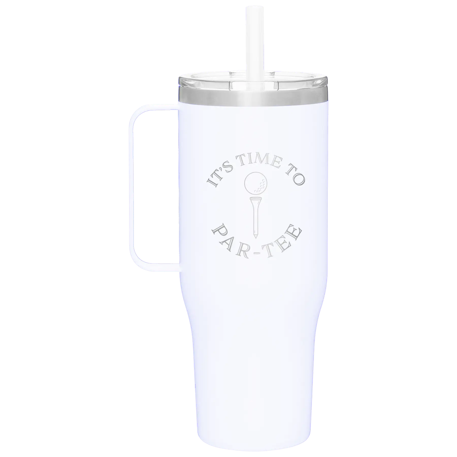 Personalized white 40 oz vacuum insulated tumbler mug with 'Its time to Partee' design