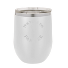 Personalized white 12 oz vacuum insulated wine cup with etched 'Its time to Partee' design