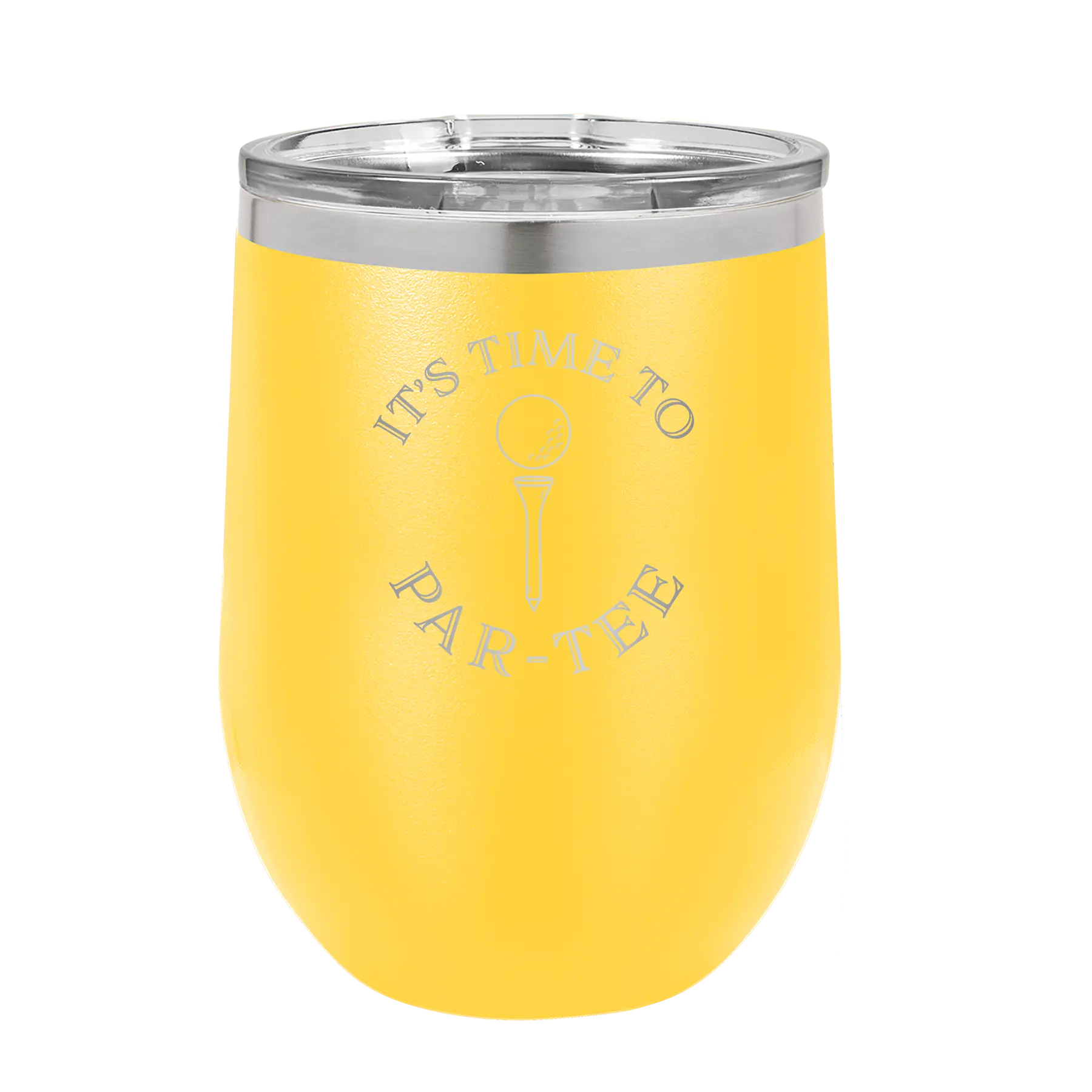 Personalized yellow 12 oz vacuum insulated wine cup with etched 'Its time to Partee' design