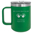 Personalized green 15 oz vacuum insulated coffee mug with etched 'Kid Handwriting' design