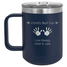 Personalized navy 15 oz vacuum insulated coffee mug with etched 'Kid Handwriting' design