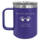Personalized purple 15 oz vacuum insulated coffee mug with etched 'Kid Handwriting' design